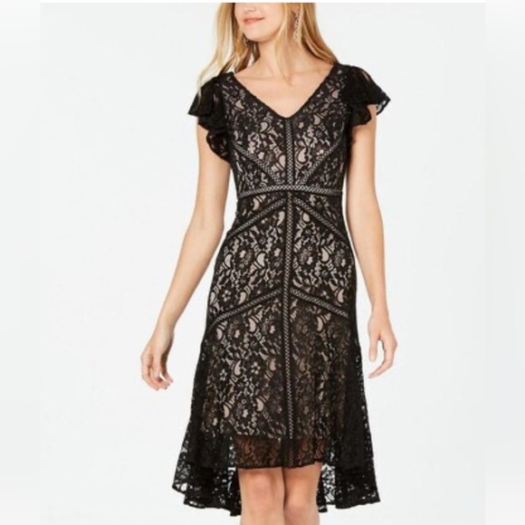 Taylor Black and Tan High Low Cocktail Dress - Picture 1 of 6